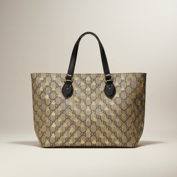 Gucci Handbags - Gucci Bee Supreme Tote GG Monogram Gold Metallic Canvas Black Leather 473887